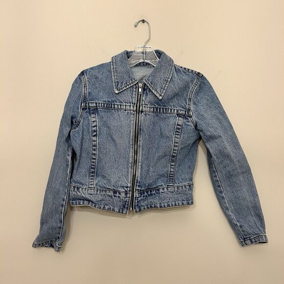 J. Galt Crop Jean Jacket Distressed Light Wash Denim Womens Small‎ Full Zip Blue - Picture 1 of 11